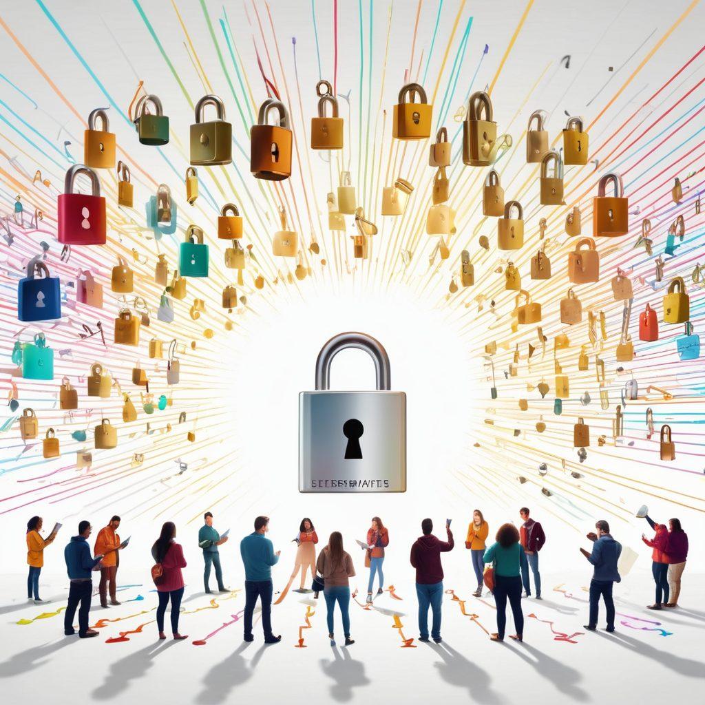 A key unlocking a padlock, surrounded by vibrant light beams symbolizing potential; in the background, a diverse group of people brainstorming ideas with notes and laptops, radiating positivity and hope. Include abstract elements symbolizing growth and enlightenment. super-realistic. vibrant colors. white background.