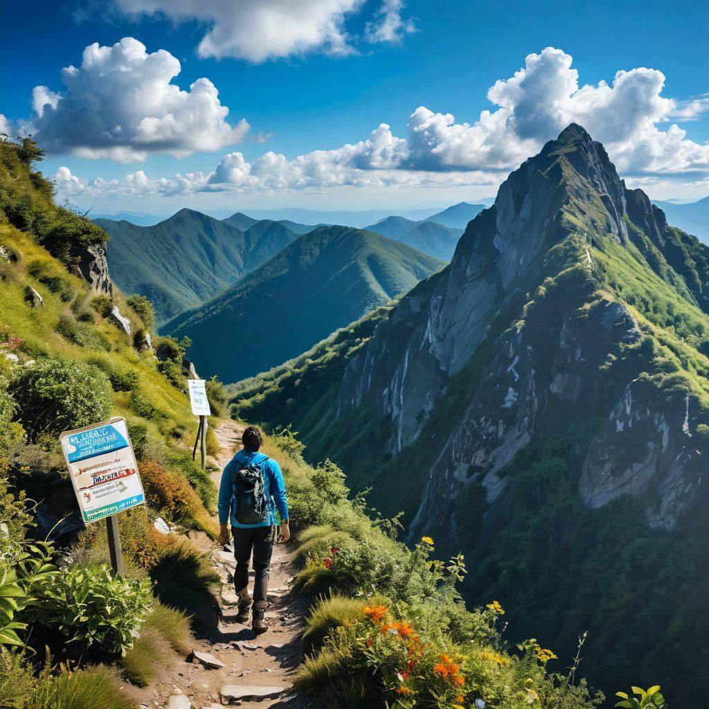 A person standing at the base of a steep mountain, contemplating the path ahead, with various signs pointing toward different life goals like success, resilience, and happiness along the trail. The sky is bright blue with a few fluffy clouds, and the mountain is lush with greenery, symbolizing growth and determination. Warm sunlight bathes the scene, evoking a sense of hope and possibility. super-realistic. vibrant colors. inspirational atmosphere.