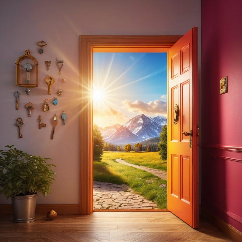 A bright, open door symbolizing opportunity, adorned with various symbols of success such as a trophy, a light bulb, and a key. In the foreground, a diverse group of people, each holding tools representing different skills and tips, eagerly engaging with the door. Soft rays of sunlight illuminating the scene, showcasing a colorful landscape of growth and achievement in the background. Inspirational quotes subtly integrated into the imagery. vibrant colors. super-realistic.